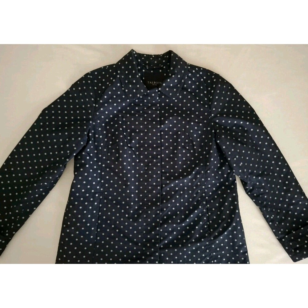 Talbots Navy Blue Polka Dot Raincoat Button Front Jacket 10P Preppy Classic VGC